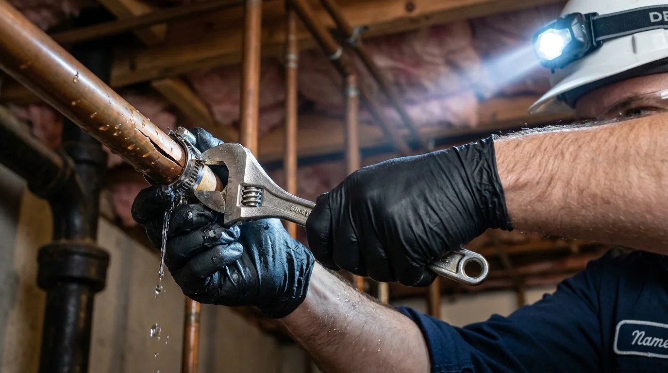 Emergency pipe clamp repair being performed by a Johns Plumbing LLC plumber in Lutcher