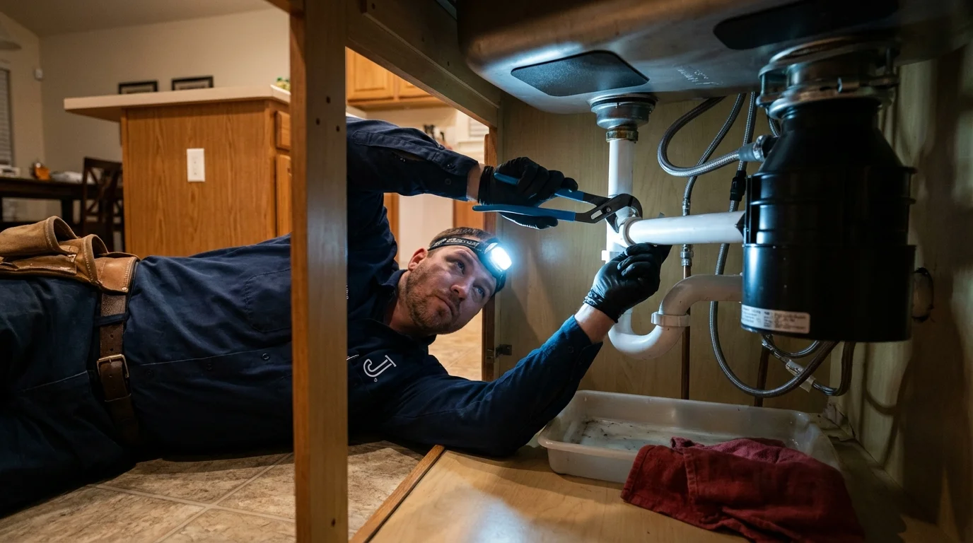P-trap and supply line connections under a kitchen sink showing a common leak point in Lutcher, LA